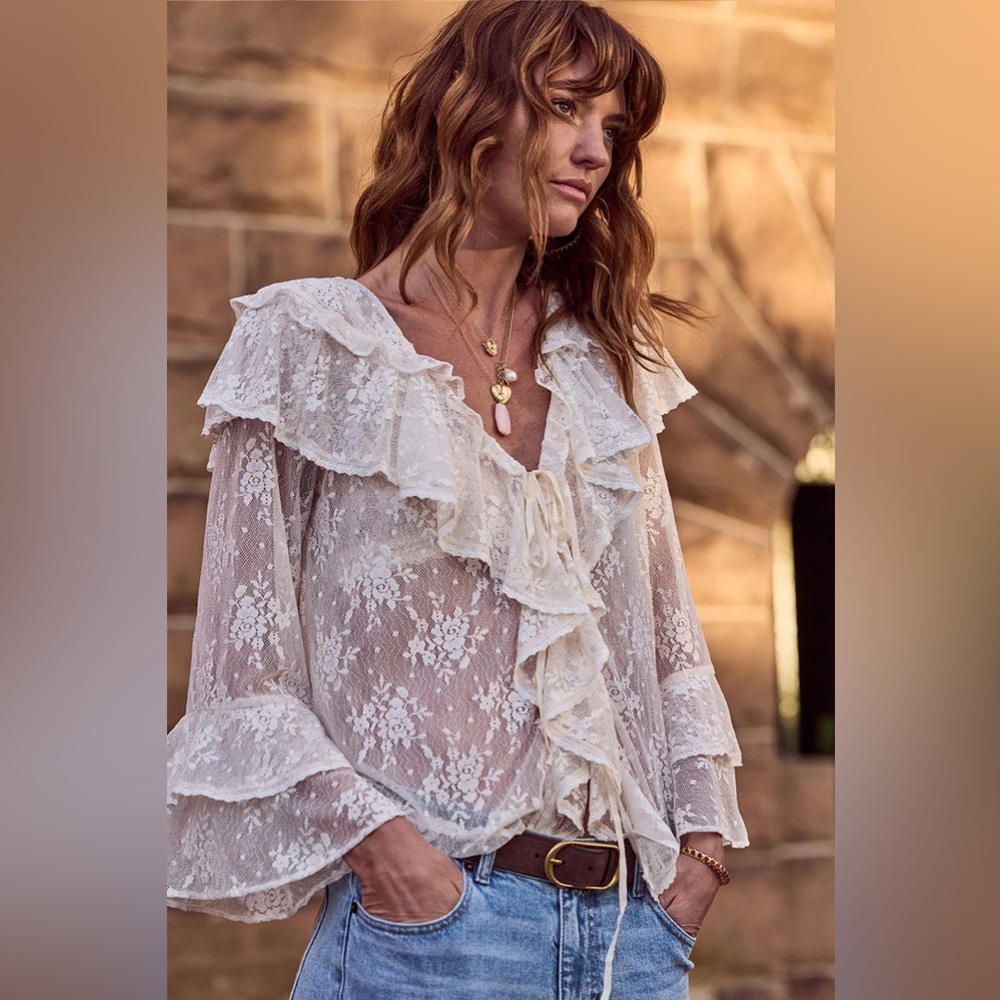Spell Cream Lace Ruffle Peasant Blouse